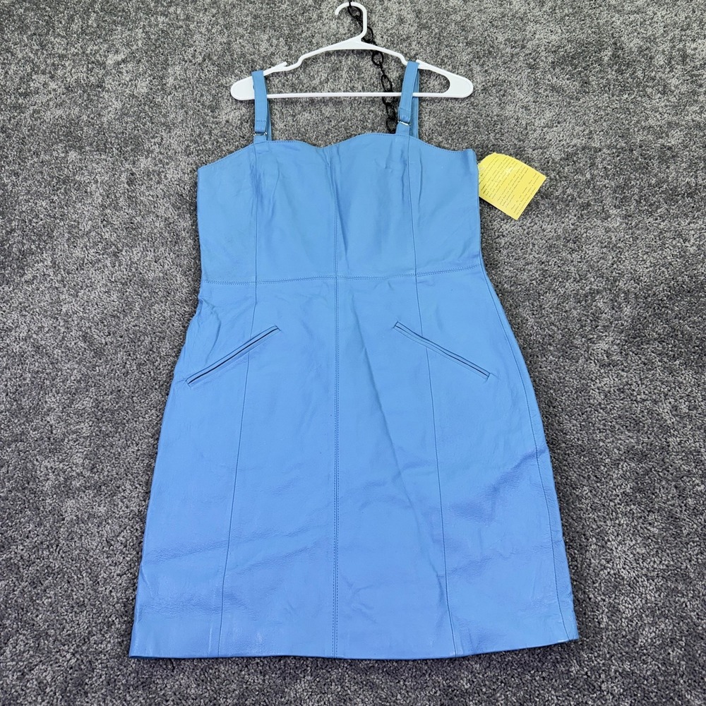Styleworks Dress Womens 14 Blue Leather Sheath Sweetheart Neck Zip Pockets
